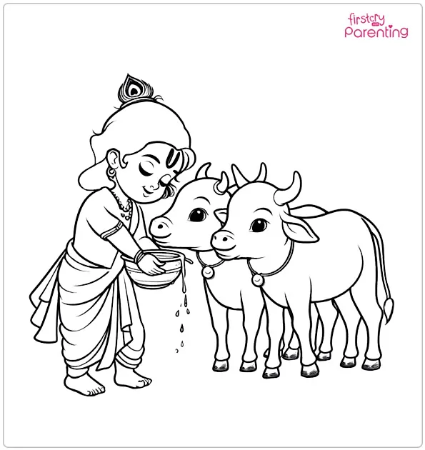 Krishna With Cows Coloring Page