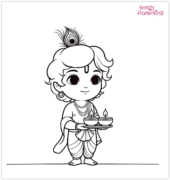 Krishna with Diyas Coloring Page