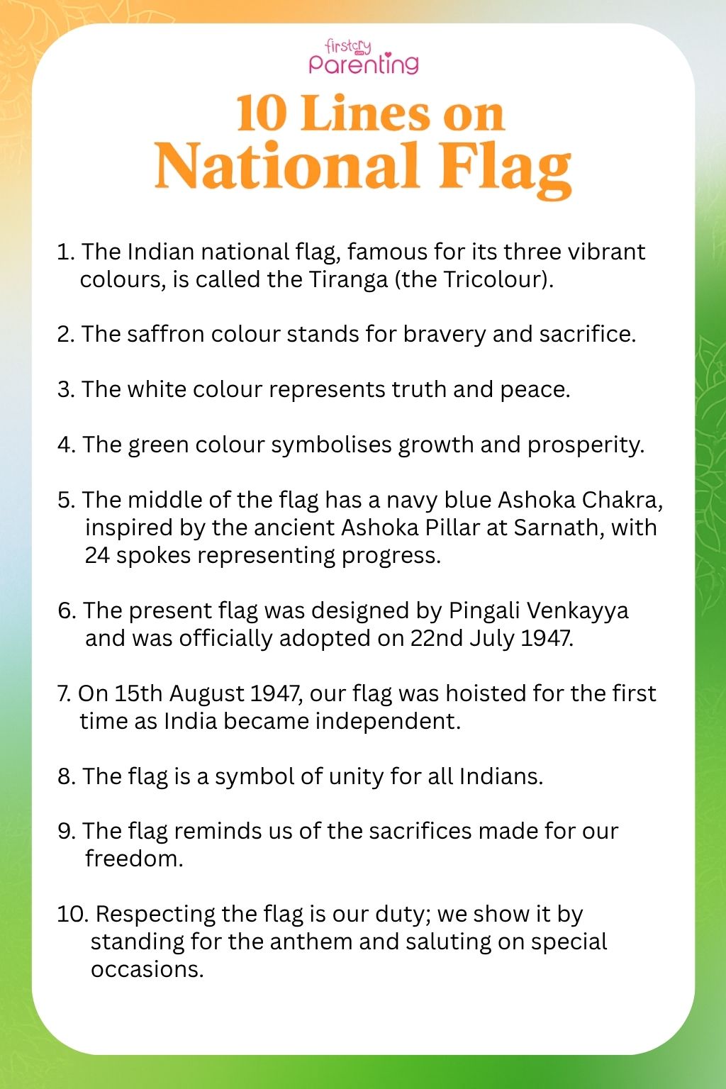 10 Lines on National Flag of India 10 Lines on National Flag of India