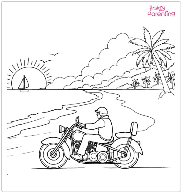 Beach-side Motorcycle Ride Coloring Page