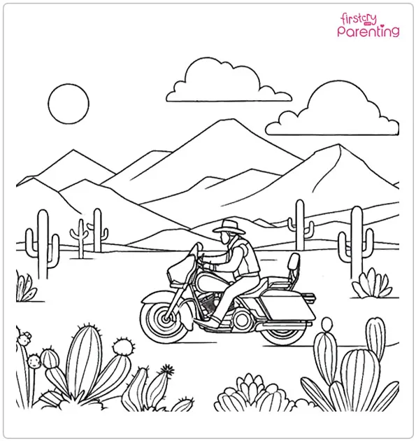 Desert Motorcycle Ride Coloring Page