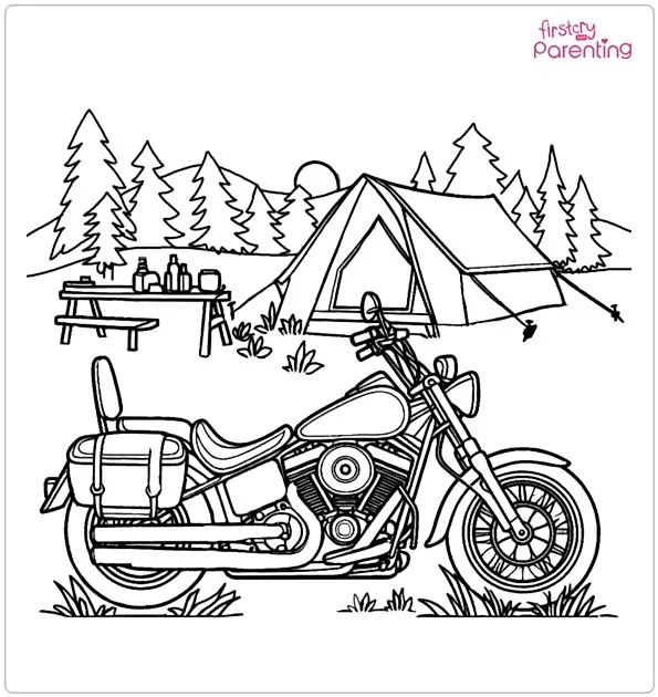 Motorcycle at Campside Coloring Page