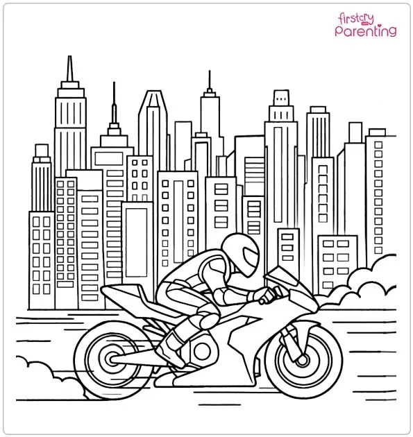 Motorcycle Race Through City Coloring Page