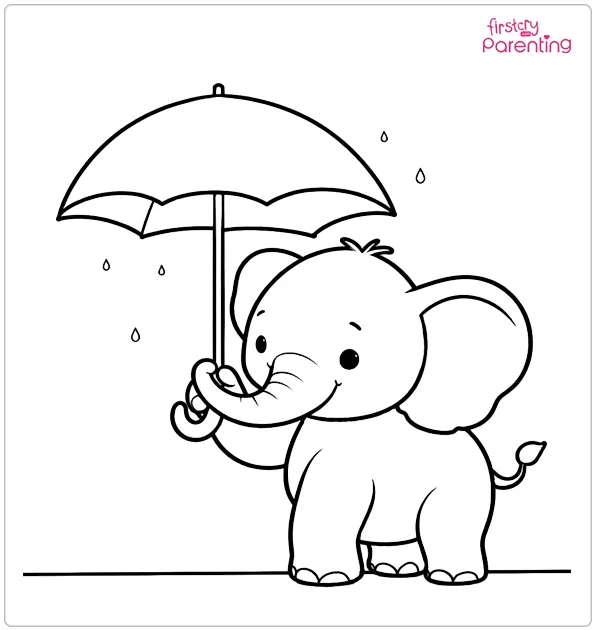 Baby elephant holding an umbrella Coloring Page