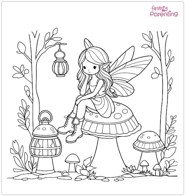 Fall Fairy Sitting on Mushrooms with Lanterns and Leaves Coloring Page