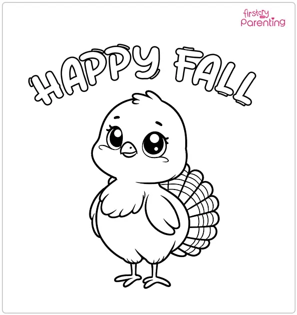 Happy Fall Greeting With Cute Cartoon Turkey Coloring Page