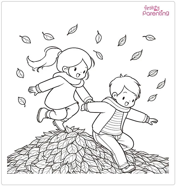 Kids Jumping Into Leaf Piles In A Cozy Autumn Coloring Page