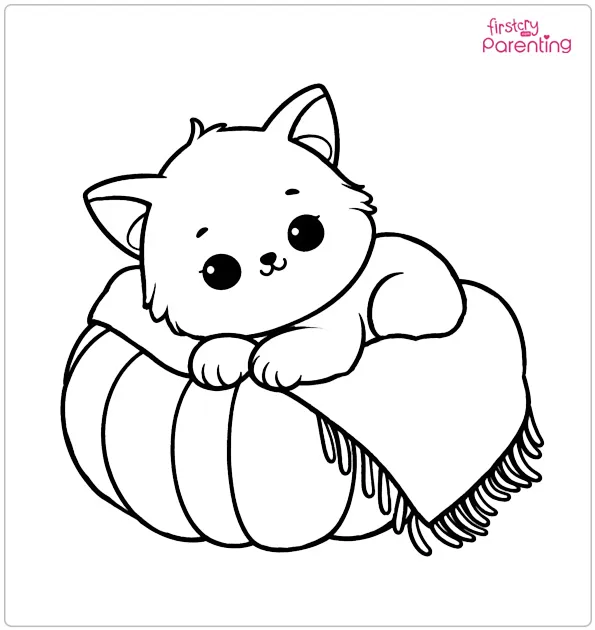 Kitten Resting on a Pumpkin with Blanket Coloring Page