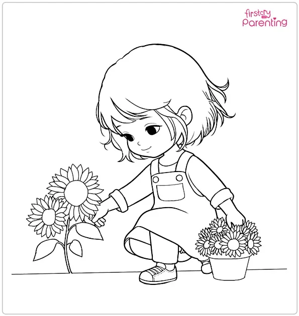 Little Girl Picking Sunflowers Coloring Page
