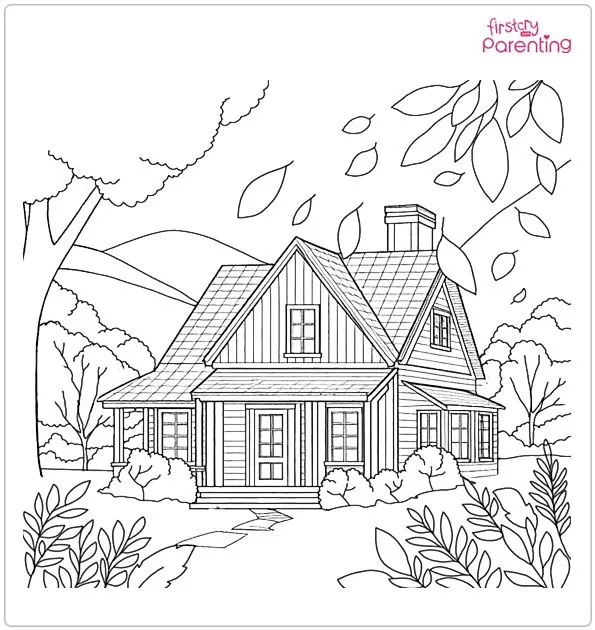 Peaceful Fall Cottage Surrounded by Leaves Coloring Page