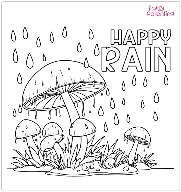 Rain Falling on a Mushroom Patch Coloring Page
