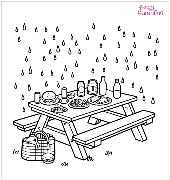 Rain falling on a picnic table Coloring Page