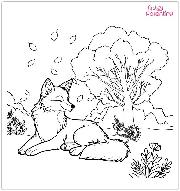 Woodland Fox Relaxing Under Autumn Trees Coloring Page
