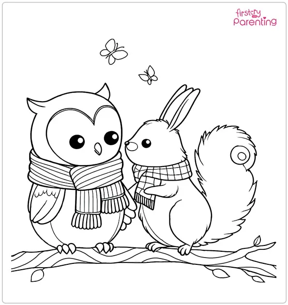 Owl and Squirrel Sharing a Scarf in Autumn Coloring Page