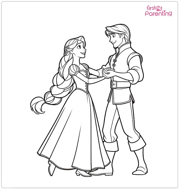 Flynn and Rapunzel are dancing Coloring Page