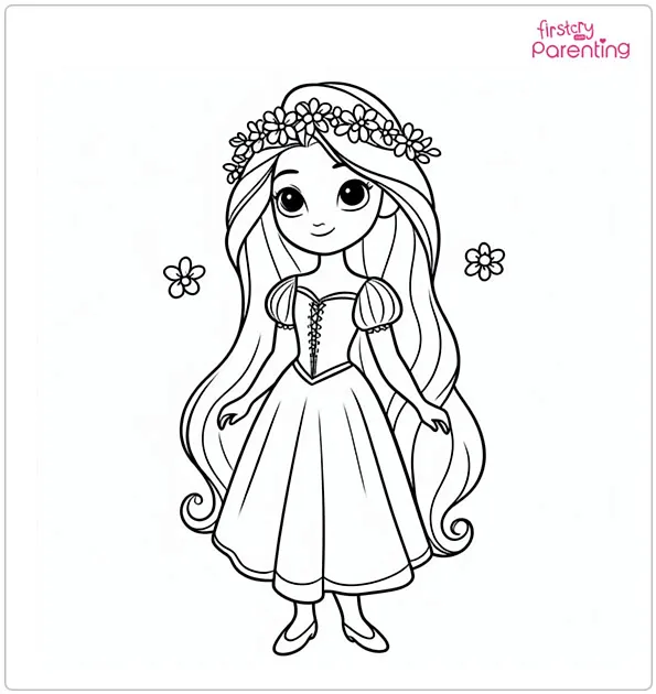 Princess Rapunzel With Flowers In Her Hair Coloring Page