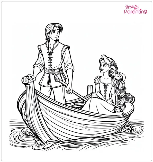 Rapunzel And Flynn On The Boat Coloring Page