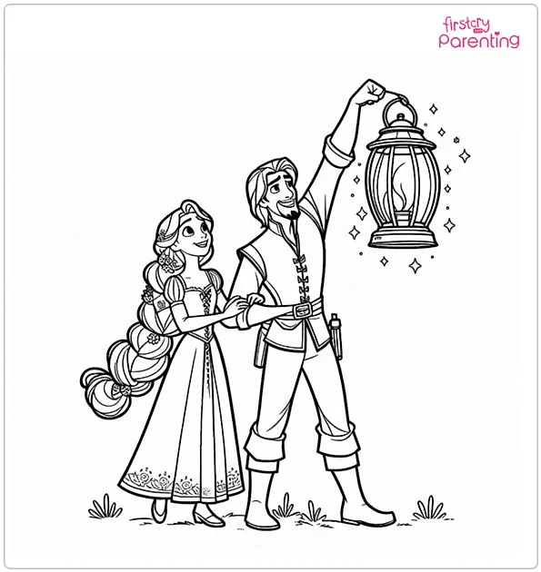 Rapunzel and Flynn Release a Lantern Coloring Page