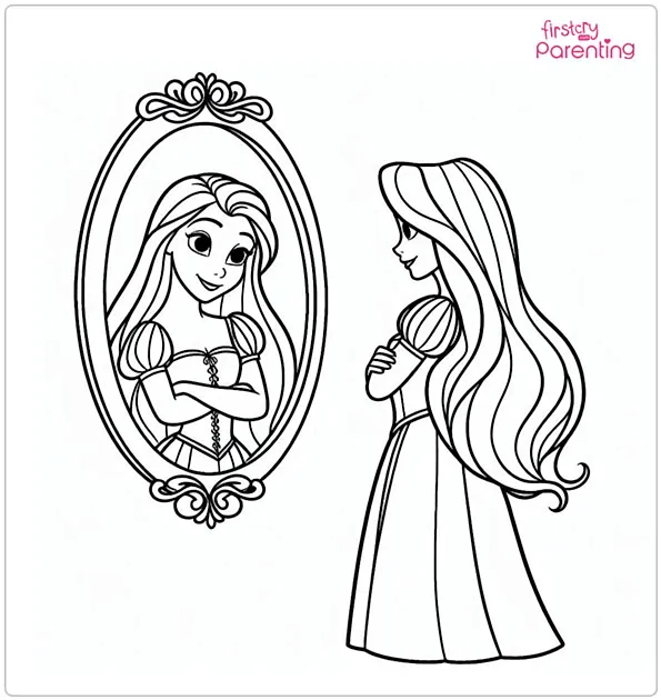 Rapunzel Looks into the Mirror Coloring Page