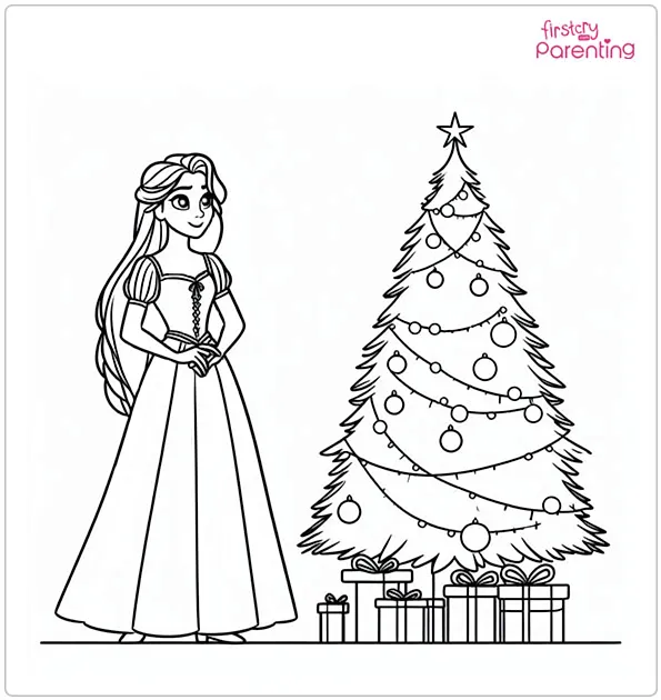 Rapunzel Standing Beside Christmas Tree Coloring Page