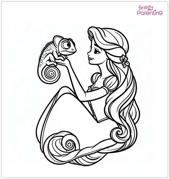 Rapunzel With A Chameleon Coloring Page