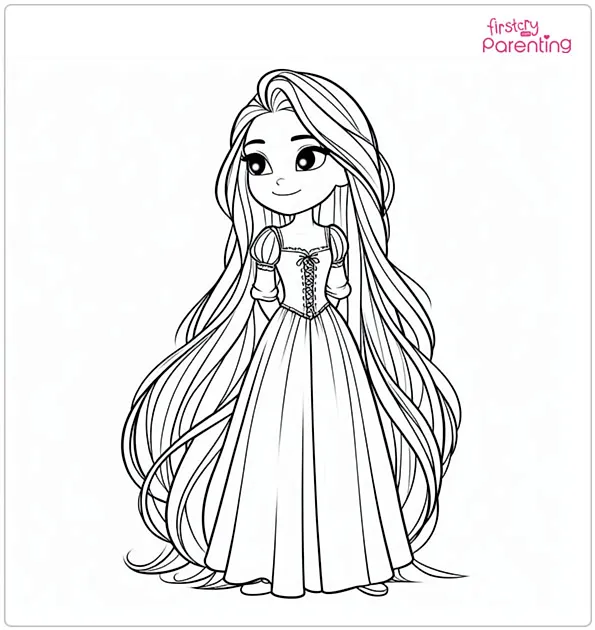 Rapunzel with Her Beautiful Long Hair Coloring Page