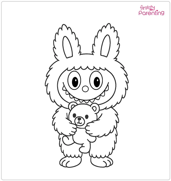 Labubu Hugging a Teddy Bear Coloring Page