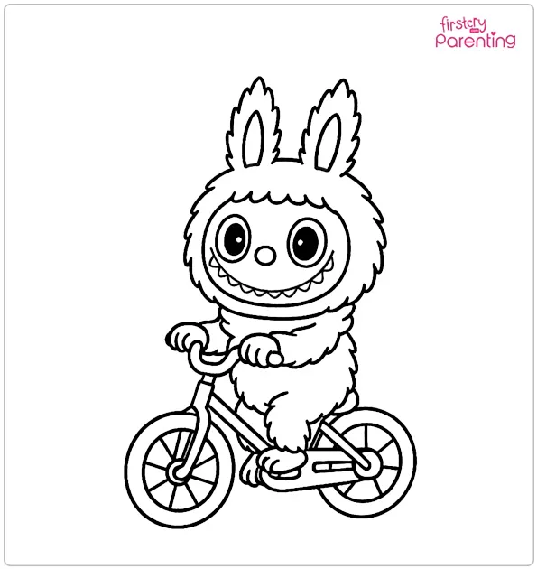 Labubu Riding a Bicycle Coloring Page