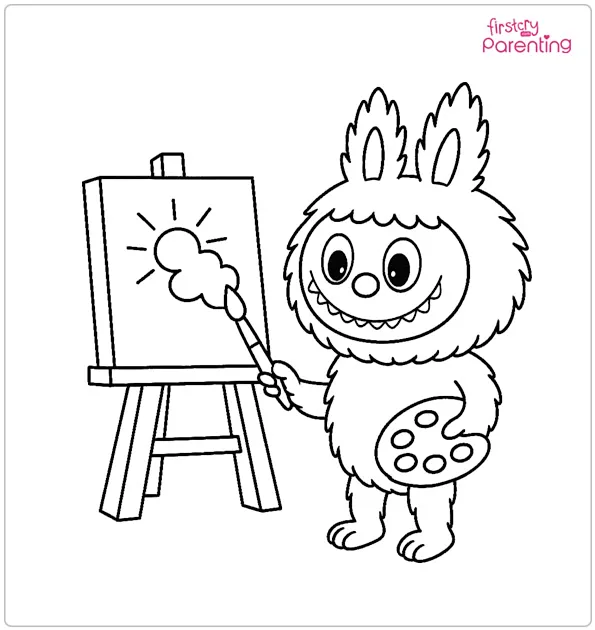 Labubu Painting On An Easel Coloring Page