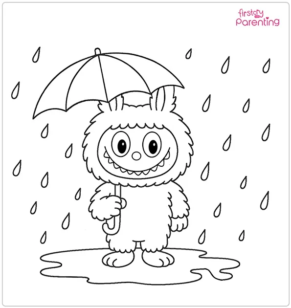 Labubu With an Umbrella in the Rain Coloring Page