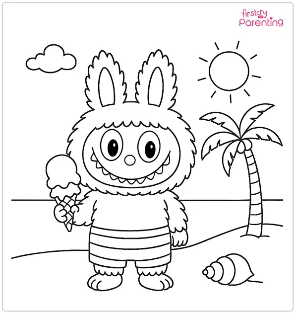 Labubu on Beach Coloring Page