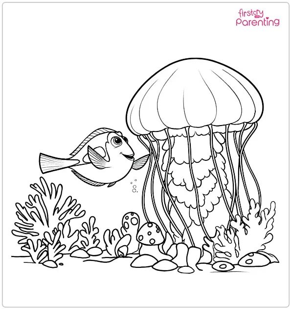 Dory Touching a Large Jelly Fish Coloring Page