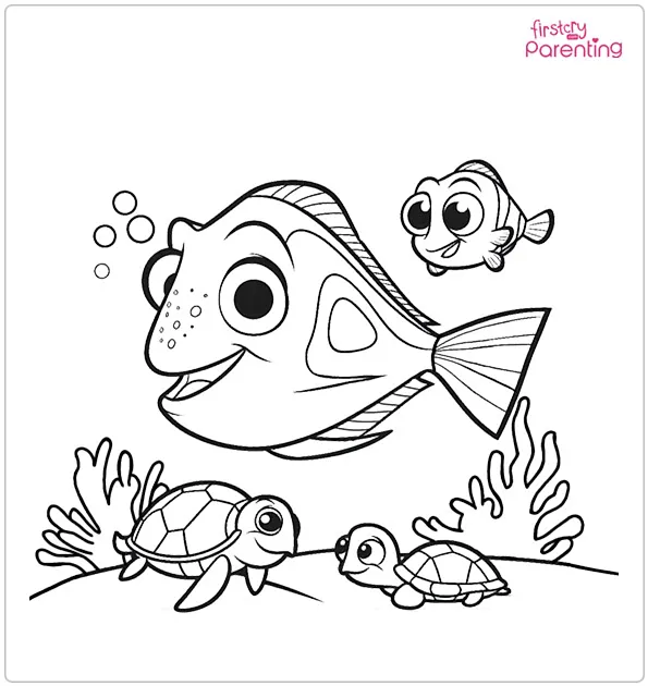 Marlin and Dory with Baby Turtles Coloring Page