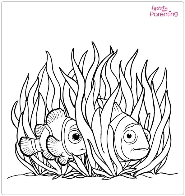 Nemo and Marlin Hiding in Algae Coloring Page