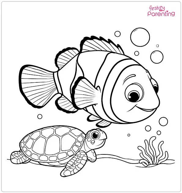 Nemo Swimming with Squirt Coloring Page