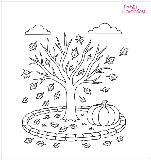 Autumn Tree with Falling Leaves Coloring Page