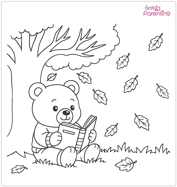 Bear Reading Under a Tree in Fall Coloring Page