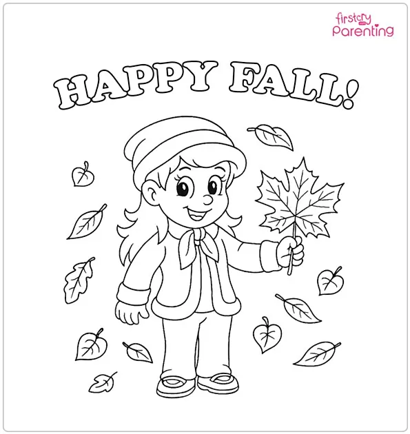 Girl in Autumn Leaves Coloring Page