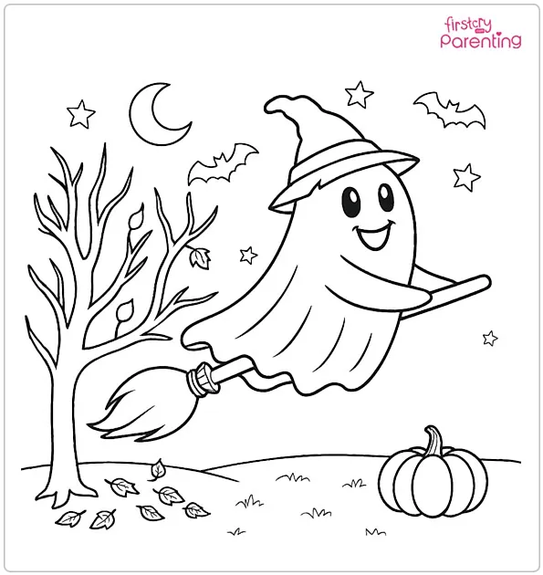 Halloween Ghost On Broom In Autumn Coloring Page