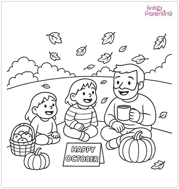 Happy October Family Picnic Coloring Page