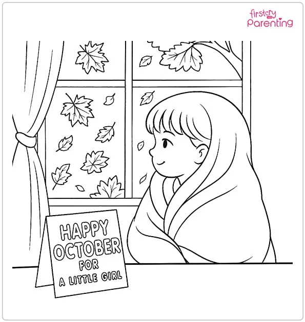 Happy October Girl with Blanket Coloring Page