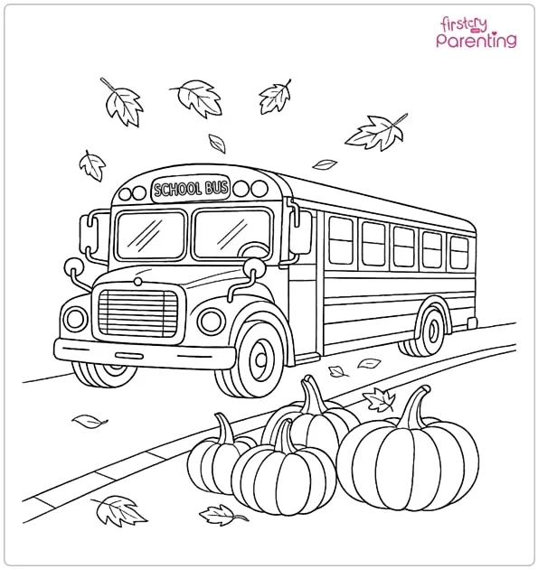 School Bus With Fall Leaves Coloring Page