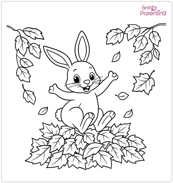 Bunny Hopping in Leaves Coloring Page