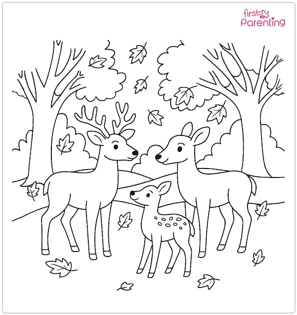 Deer Family in Autumn Woodland Coloring Page