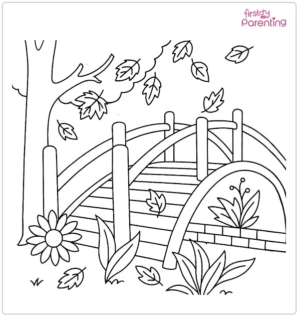 Fall Leaves Falling on a Wooden Bridge Coloring Page