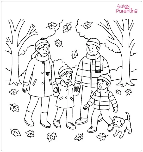 Family Walk in Autumn Season Coloring Page