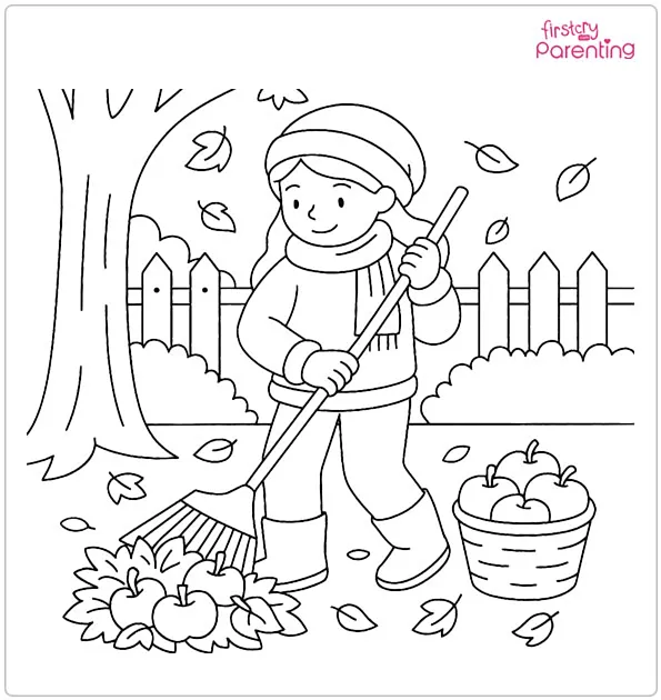 Girl Sweeping Leaves Together Coloring Page