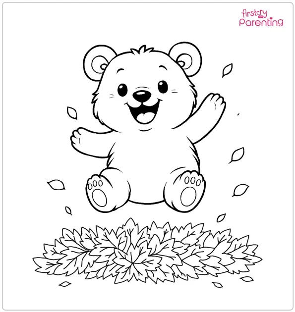 Little Bear Playing in Leaves Coloring Page