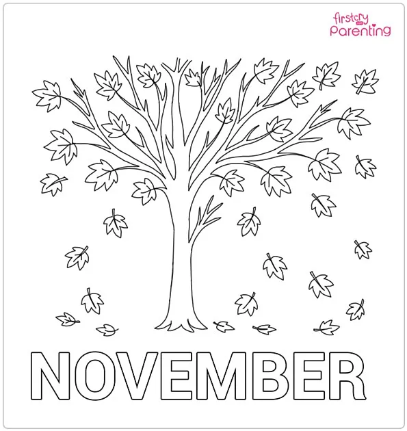 November with Falling Leaves Coloring Page