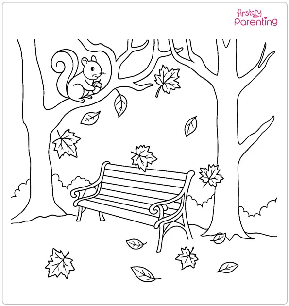 Squirrel on Tree and Fall Leave Coloring Page
